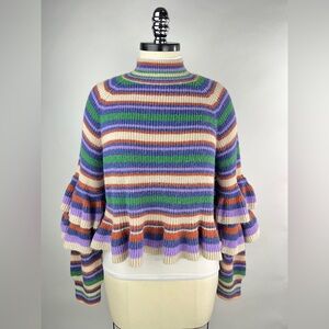 💚 2900. Stripe Ruffle Sleeve Turtleneck Sweater